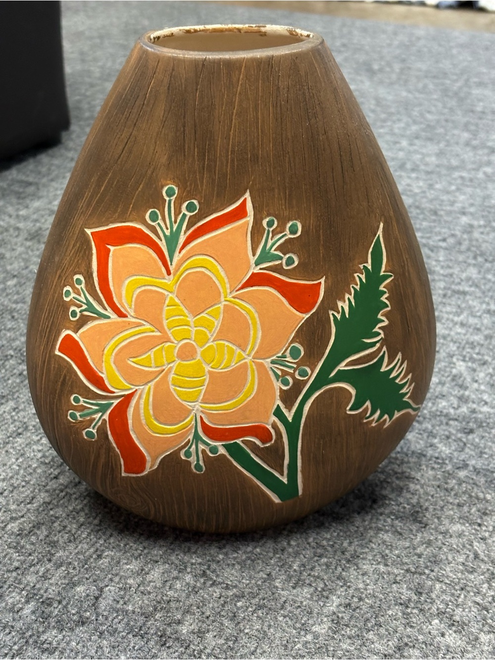 Peruvian Ceramic Vase with Hand-Painted Orange Floral Design